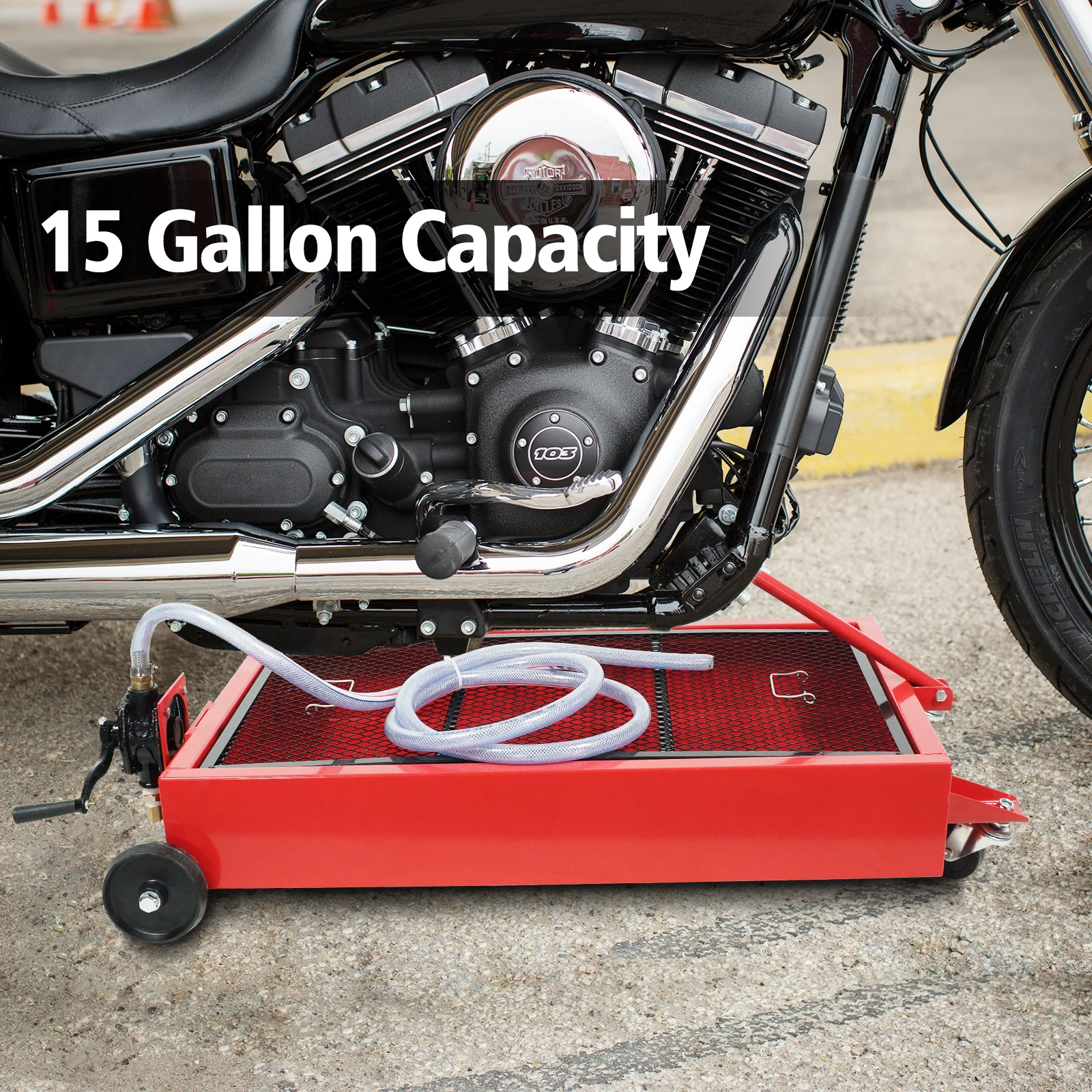 15 Gallon Large Capacity Oil Drain Pan, Low Profile Oil Drain Tank with Folding Handle Pump, Hose, Swivel Casters Wheels,Red