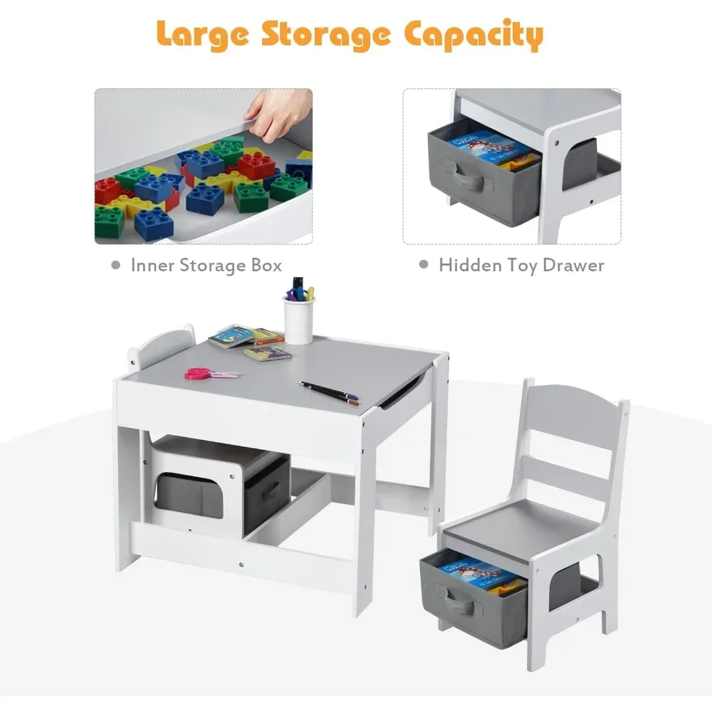 Juego de mesa y sillas para niños, mesa de actividades de madera 3 en 1 con cajón de almacenamiento, mesa desmontable para niños