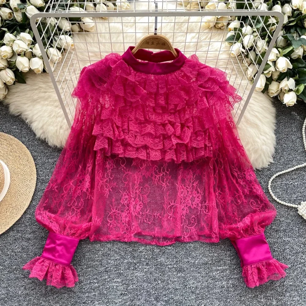 

Vintage Long Sleeves Elegant Stand Collar Chic Ear Fungus Edge Mesh Embroidered Top French Streetwear Female Blouse