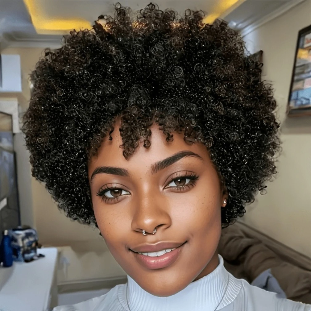 

Парики с стрижкой пикси Афро-кудрявый вьющийся парик из натуральных волос для женщин Короткие афро-кудрявые вьющиеся парики машинного производства 150% Плотность 6 дюймов