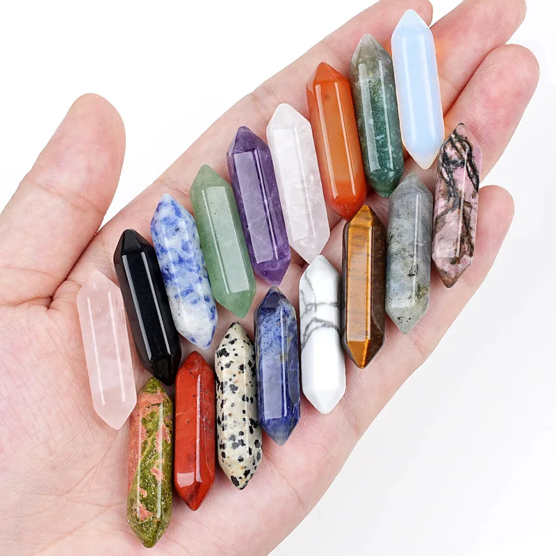 1pc Natural Stone Double Terminated Points Hexagonal Crystal Wand Carved Stone Stick Amethyst Obsidian Quartz Reiki Healing