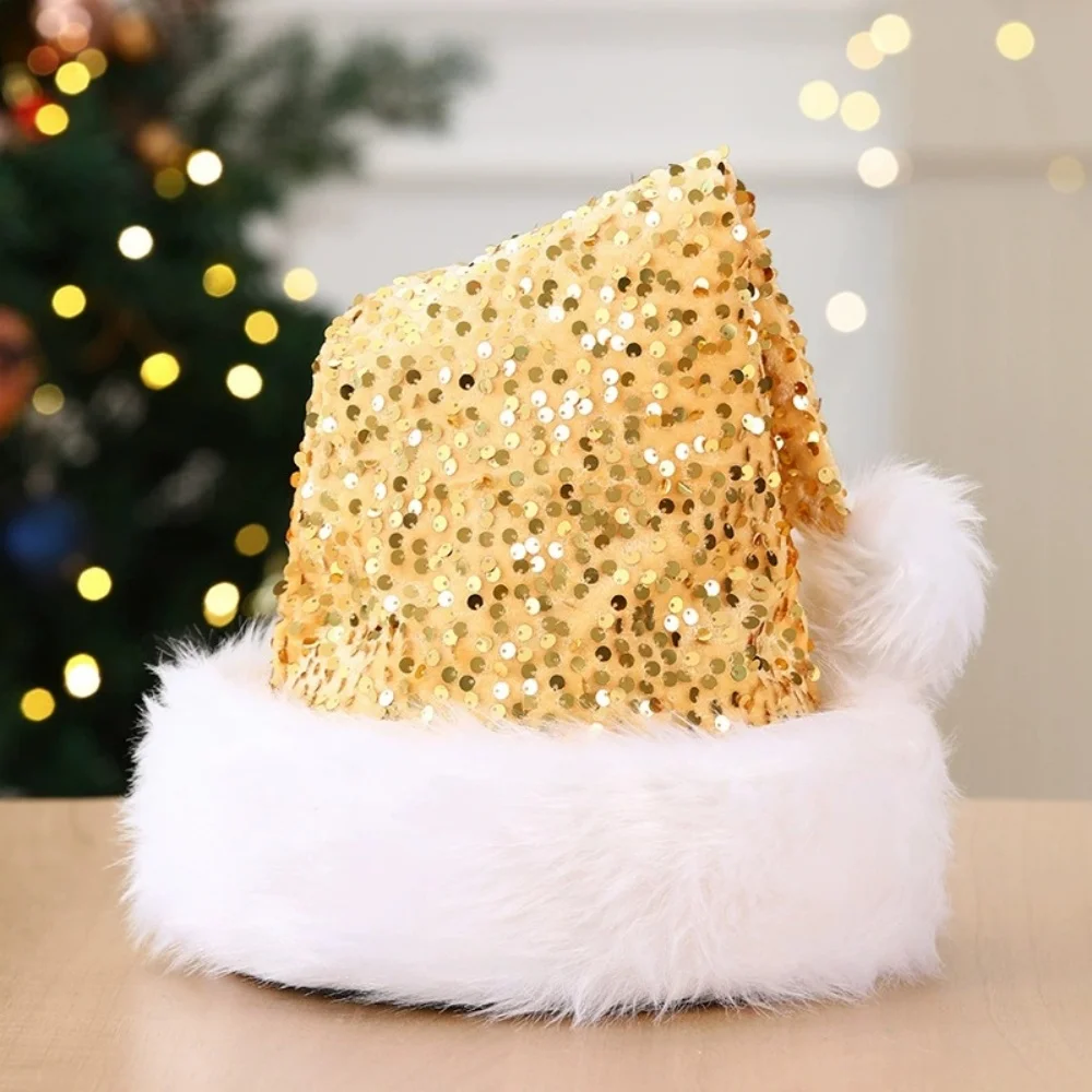 Plush Solid Color Sparkle Sequin Santa Claus Hat with Long Fluffy Pompom Christmas Party Decoration for Adults