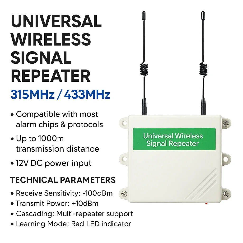433MHz  Wireless Signal Repeater Extender for Alarm System Remote Control Receiver Transmitter Range Booster DC12V