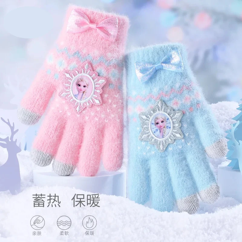 Disney Elsa children's gloves girls autumn and winter season Frozen full finger warm Princess Elsa gloves