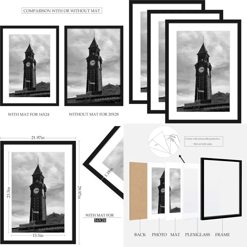

Set of 3 Black Picture Frames for 16x24 Photos or 20x28 Posters, Wall-Mountable Gallery Frames