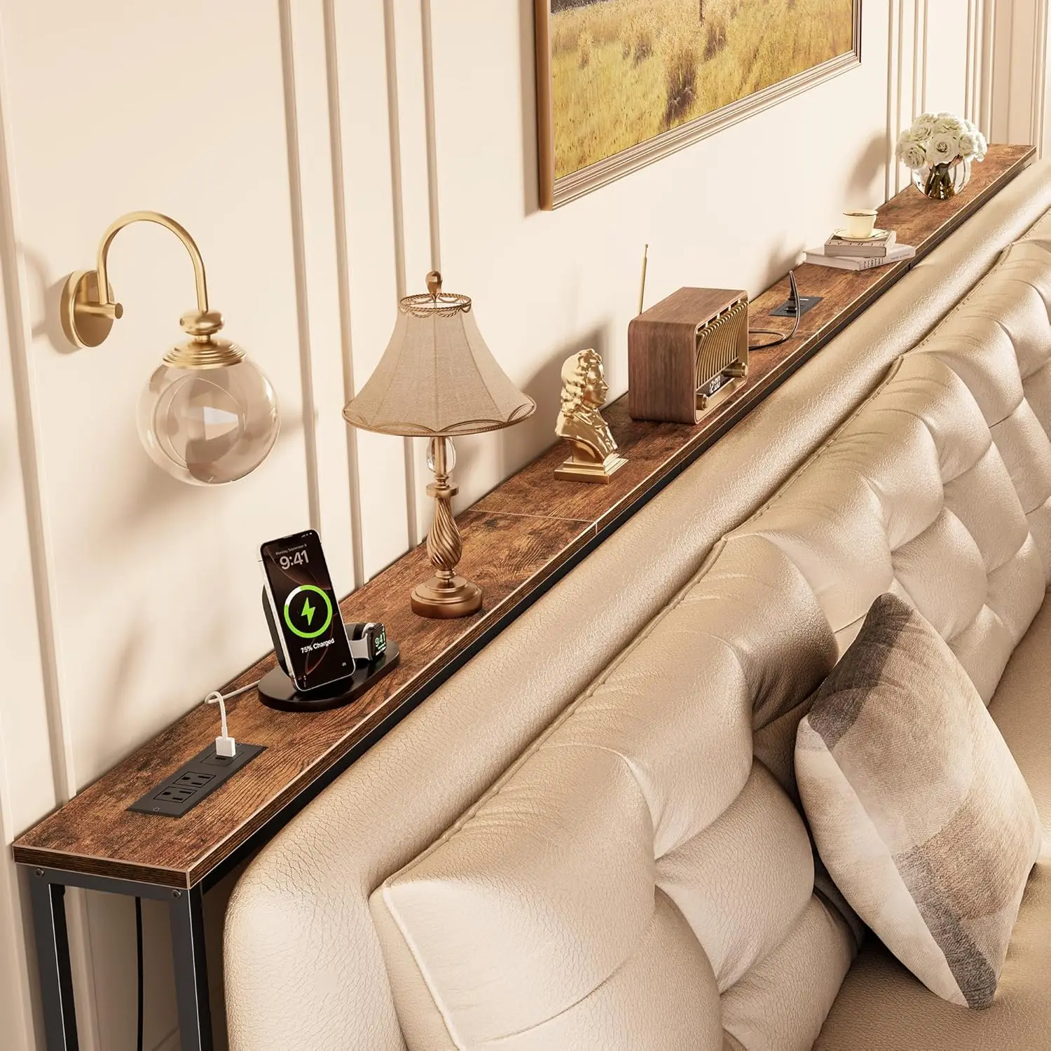 

141.7" Narrow Console Table with Power Outlets & USB-C, Behind Couch Storage, Rustic Brown
