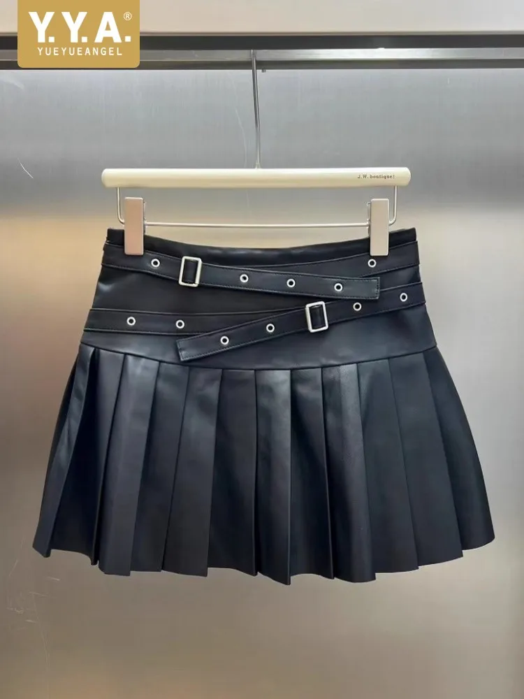 Punk Women Genuine Leather Skirt High Waist Sexy Mini A Line Skirts New Solid Color Ladies Casual Sweet Sheepskin Pleated Skirt