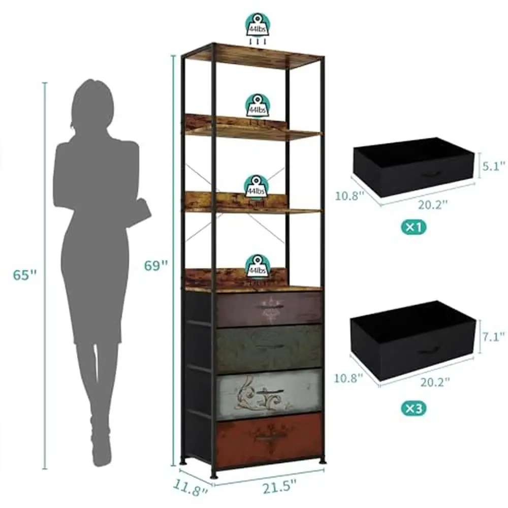 4-Tier Industrial Bookshelf with 4 Drawers Wood Storage Organizer Shelf Tall Dresser Free standing Shelves Kitchen Office Living