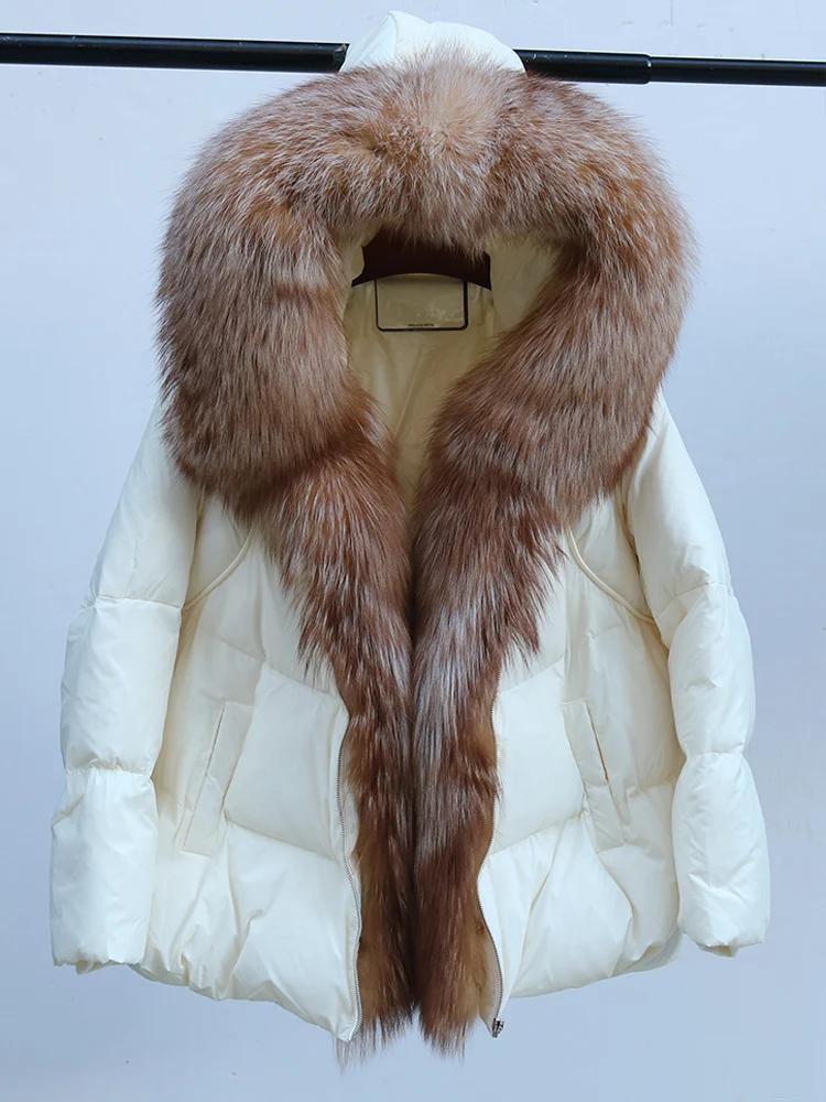 

Female Luxury Large Real Fox Fur Collar Outerwear Thick Warm With Hooded Puffer Coat Winter Jacket Women 90% White Duck Down Jac