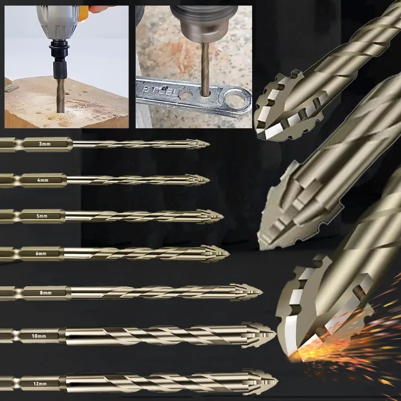 7/1개 4날 톱니형 편심 드릴 비트 유리 세라믹 콘크리트 벽돌 드릴링 도구 금속 톱니형 드릴 비트 세트