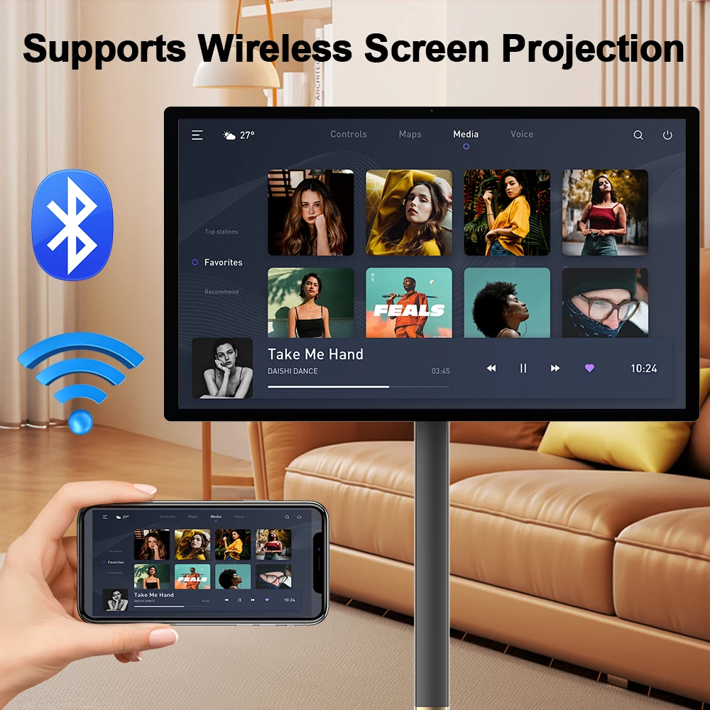 32 Inch Movable With Stand Smart Home Business TV Wireless Smart TV With Rotating Wheels Touch Screen Portable TV﻿