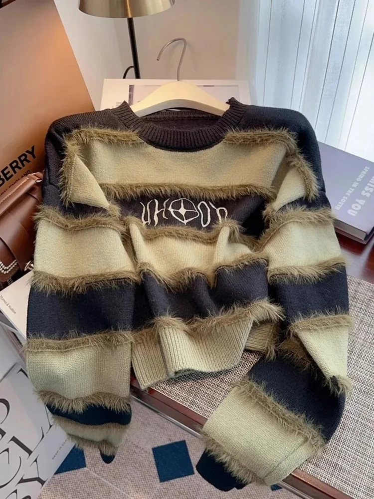

Zoki Retro Striped Knitted Sweaters Women Loose Lazy Wind Cropped Pullovers Fall Vintage Female Long Sleeve Streetwear Jumpers
