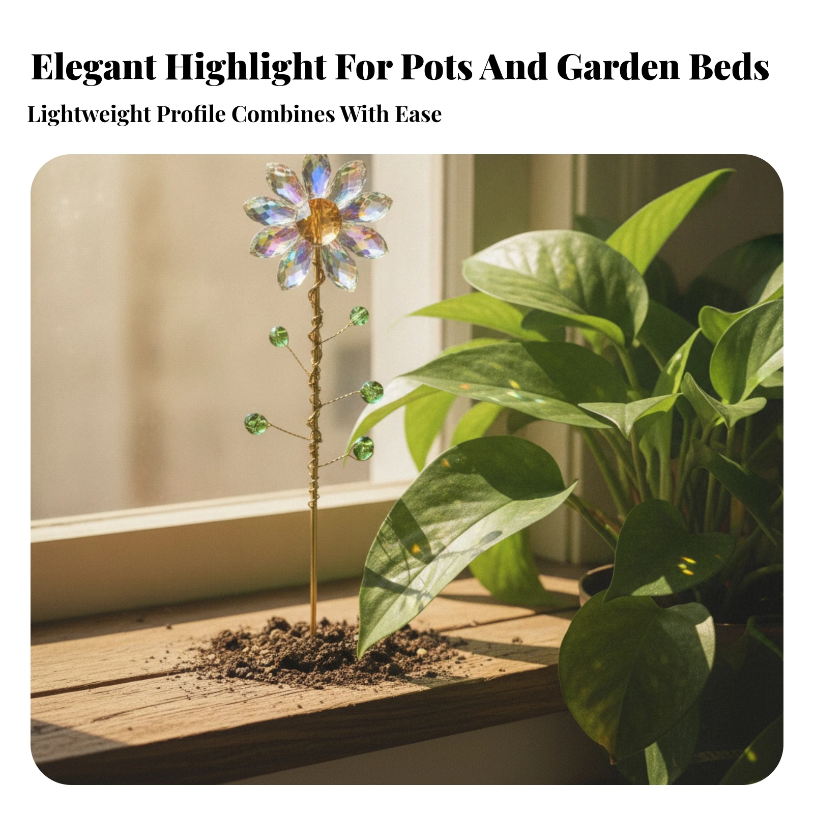 Crystal Flower Stake Outdoor Flower Garden Stake with Crystal Beads Faceted Indoor for Gardeners, Potted Plants, Patio
