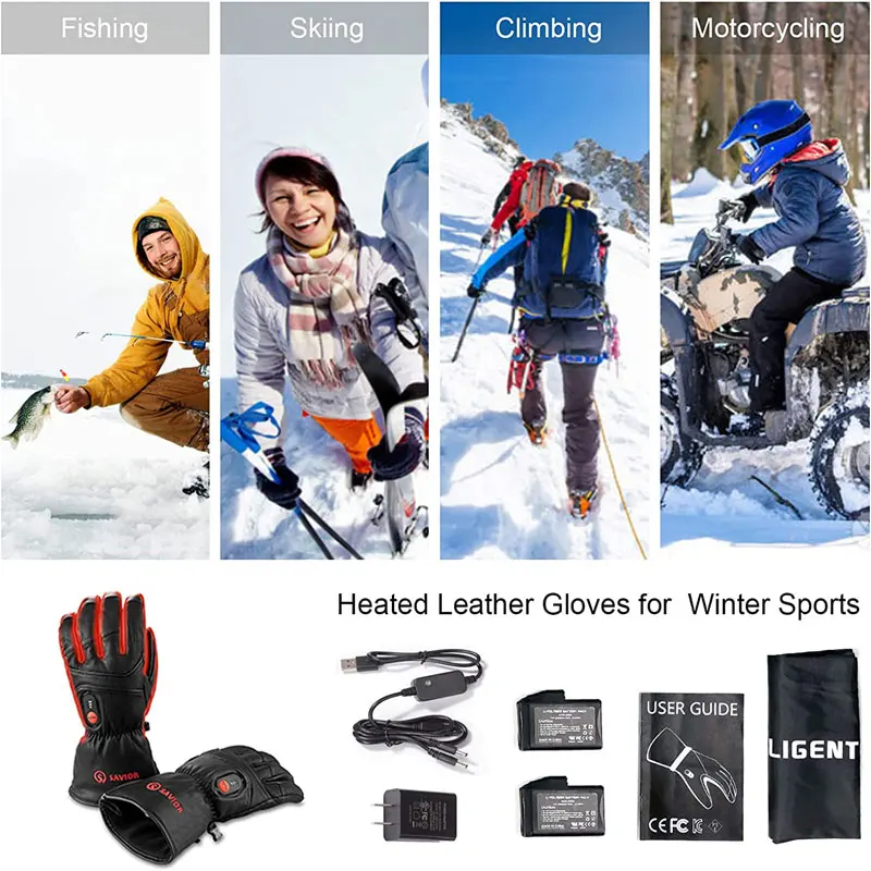 Savior-Genuine Leather Sheepskin Electric Heating Gloves, Waterproof Motorcycle Gloves, Hiking Gloves, Outdoor Sports, Winter