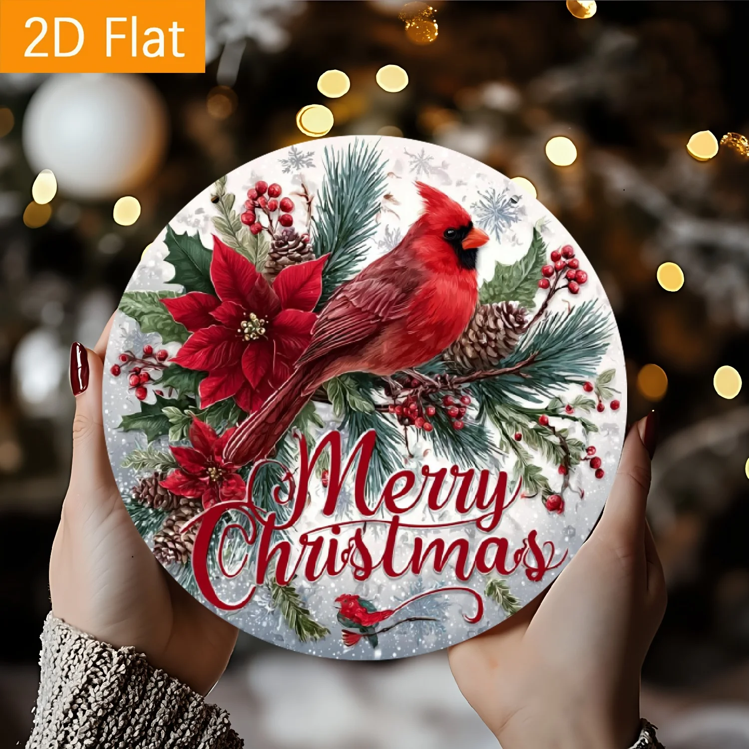 Country Style Farmhouse Round Metal Christmas Wall Decor - Cardinal and Poinsettia Decoration, Rust-Resistant Outdoor Holiday