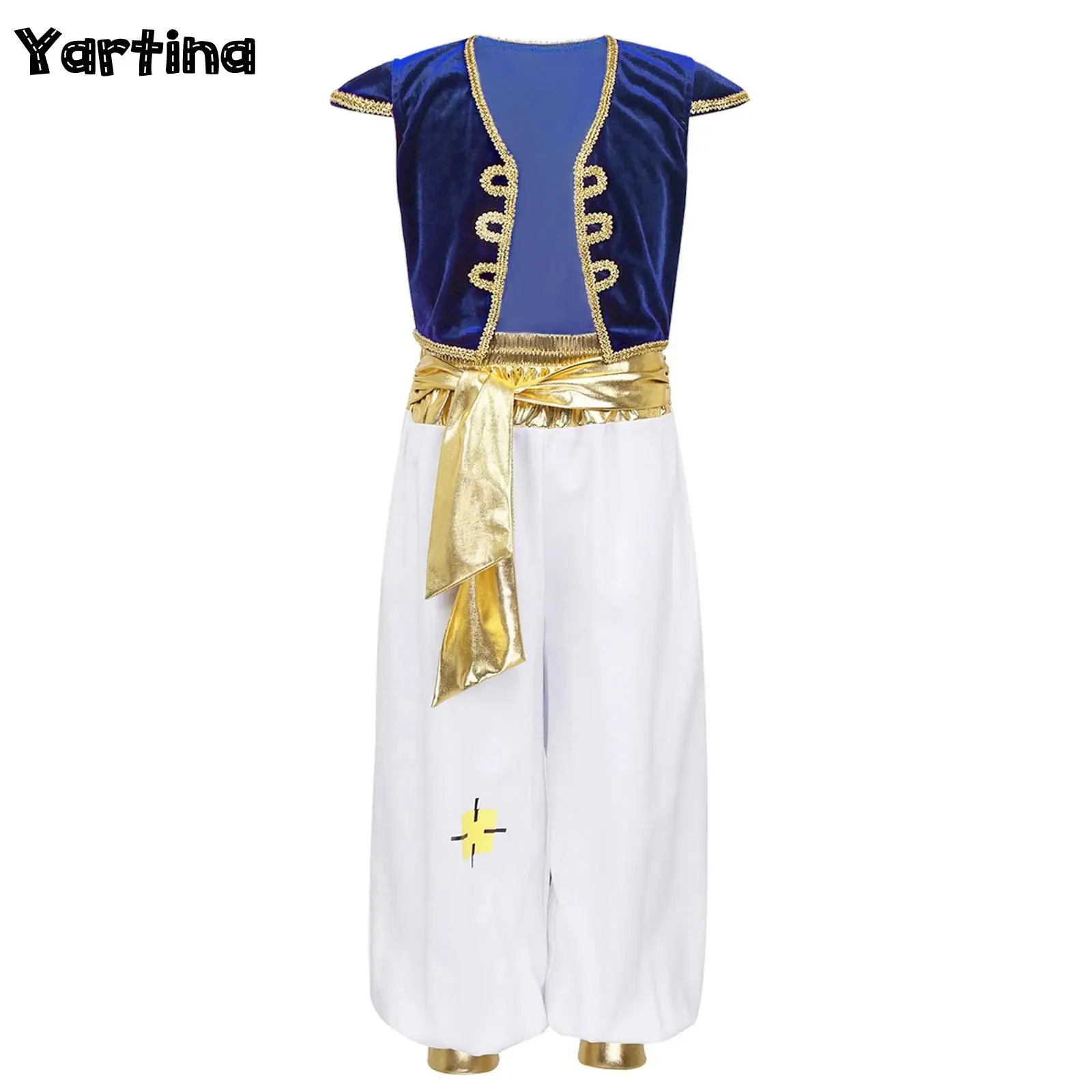 Kids Boys Arabian Prince Lamp King Cosplay Outfits Childrens Dress Up Party Costume Cap Sleeves Vest Waistcoat with Pants Set