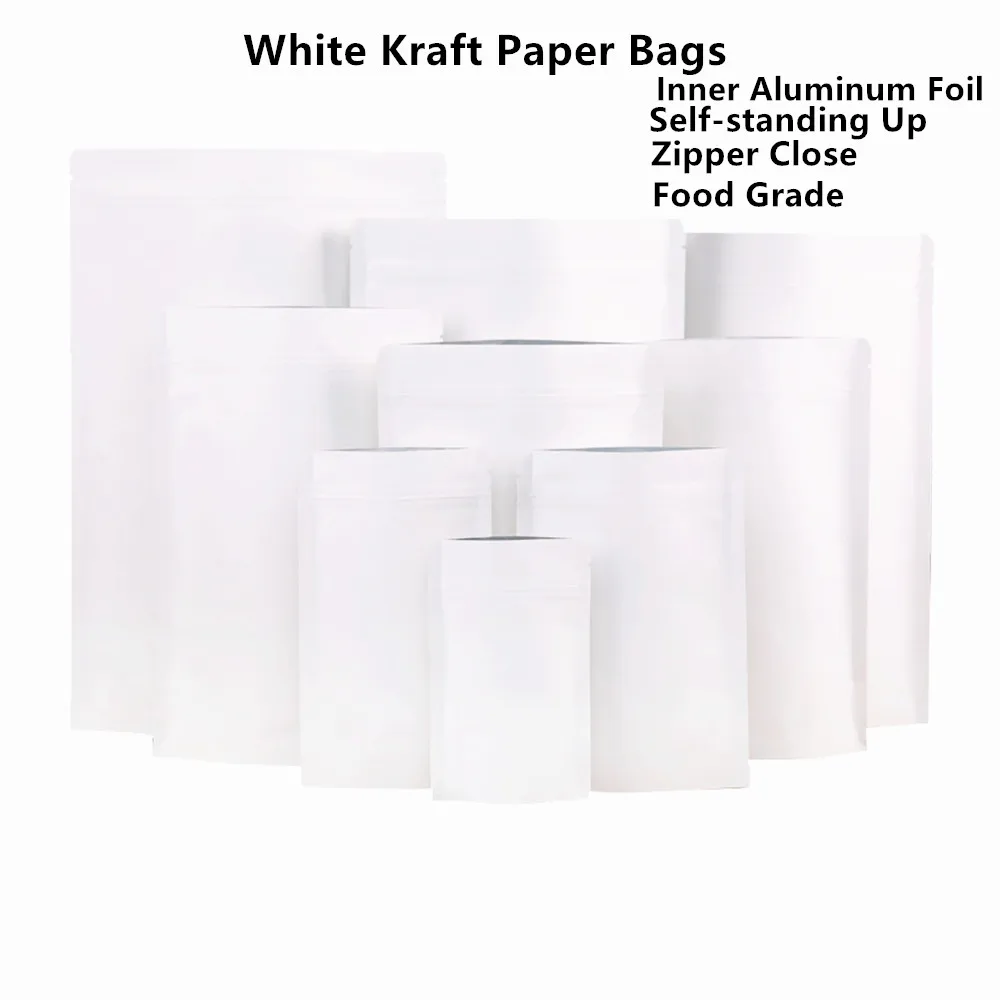 White Stand Up Kraft Paper Ziplock Bag 100pcs Inner Aluminum Foil Paper Food Grade Packing Pouch Zipper Reusable Snack Doypack