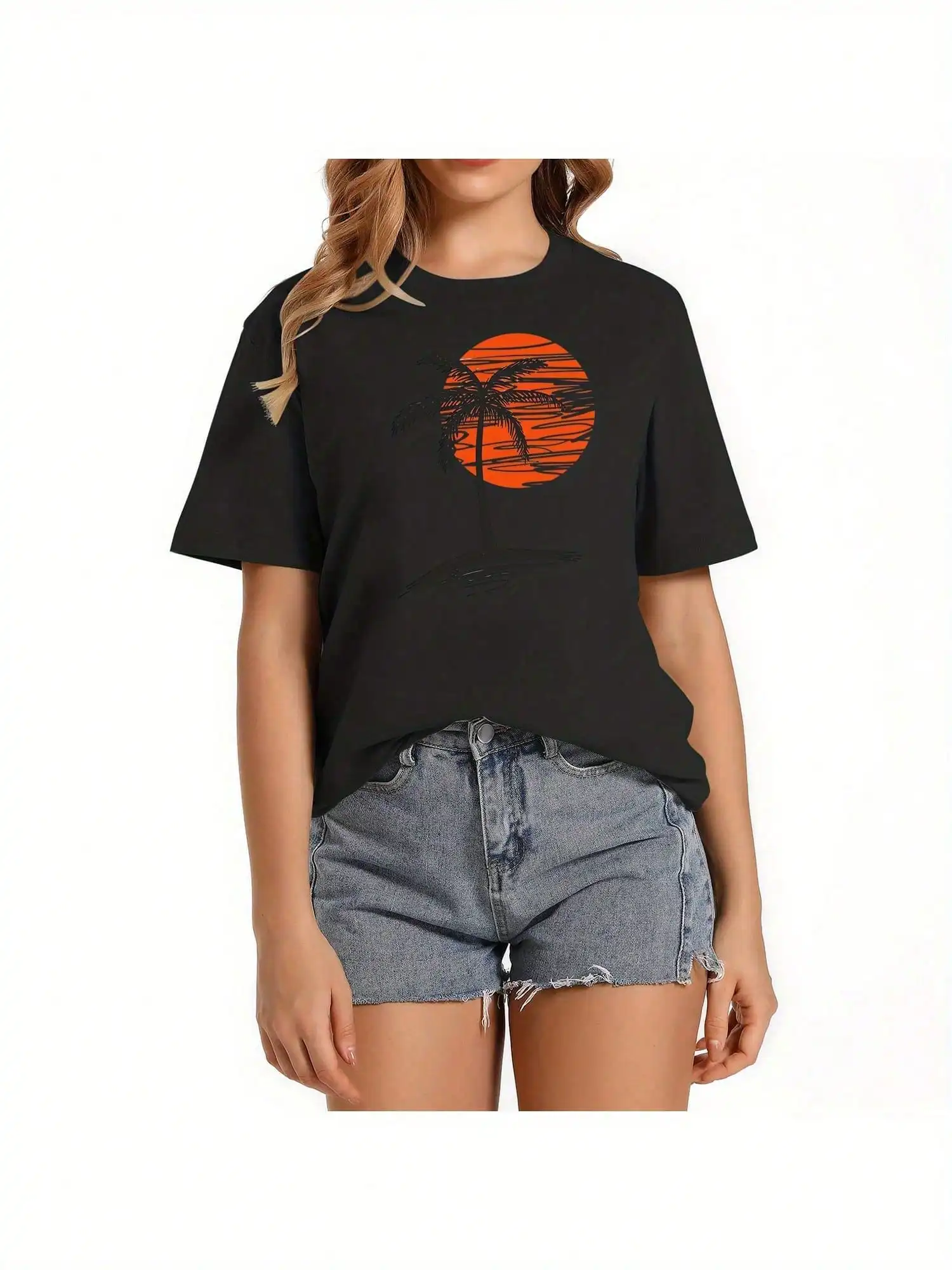 

Women's 100% Cotton Short Sleeve T-Shirt with Tropical Palm Tree Print - Soft Breathable Crew Neck Casual Top for Spring/Fall