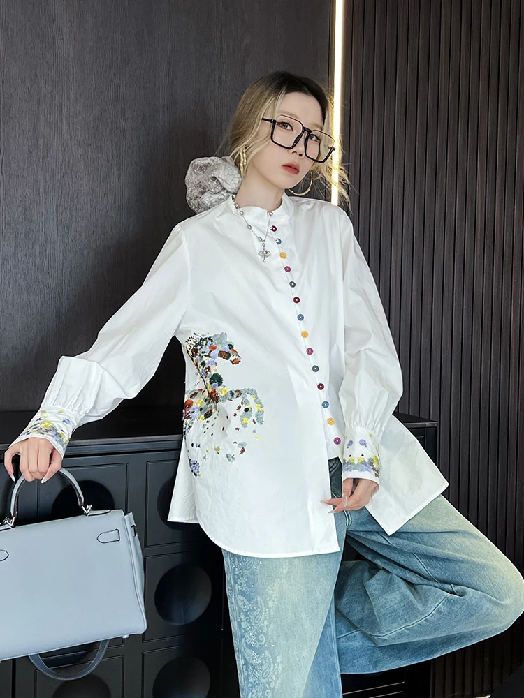 

Spring 2026 Women's Long Sve Standing Collar Embroidered Pattern Faion Top Breathable Skin-Friendly DZBM Loose Fit...