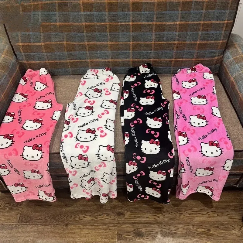 MINISO Christmas Hello Kitty Pajamas Halloween Flannel Fashion Trouserswomen Kawaii Woolen Anime Cartoon Casual Home Pant Autumn