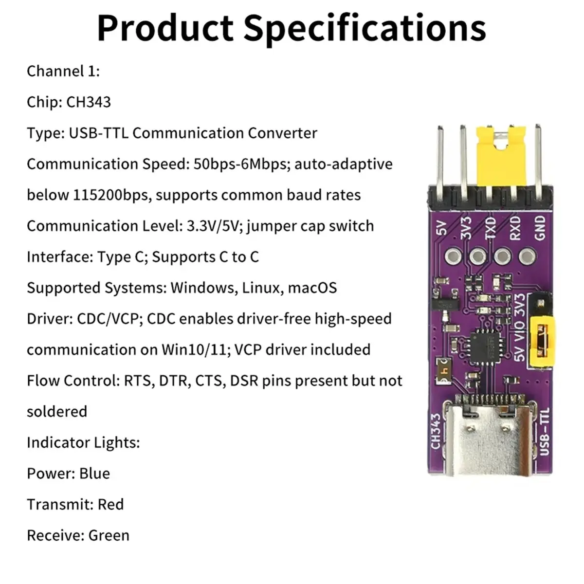 USB to TTL Serial Port USB Type-C Interface Communication Conversion Module 6Mbps High-Speed CH344 CH348 Chip