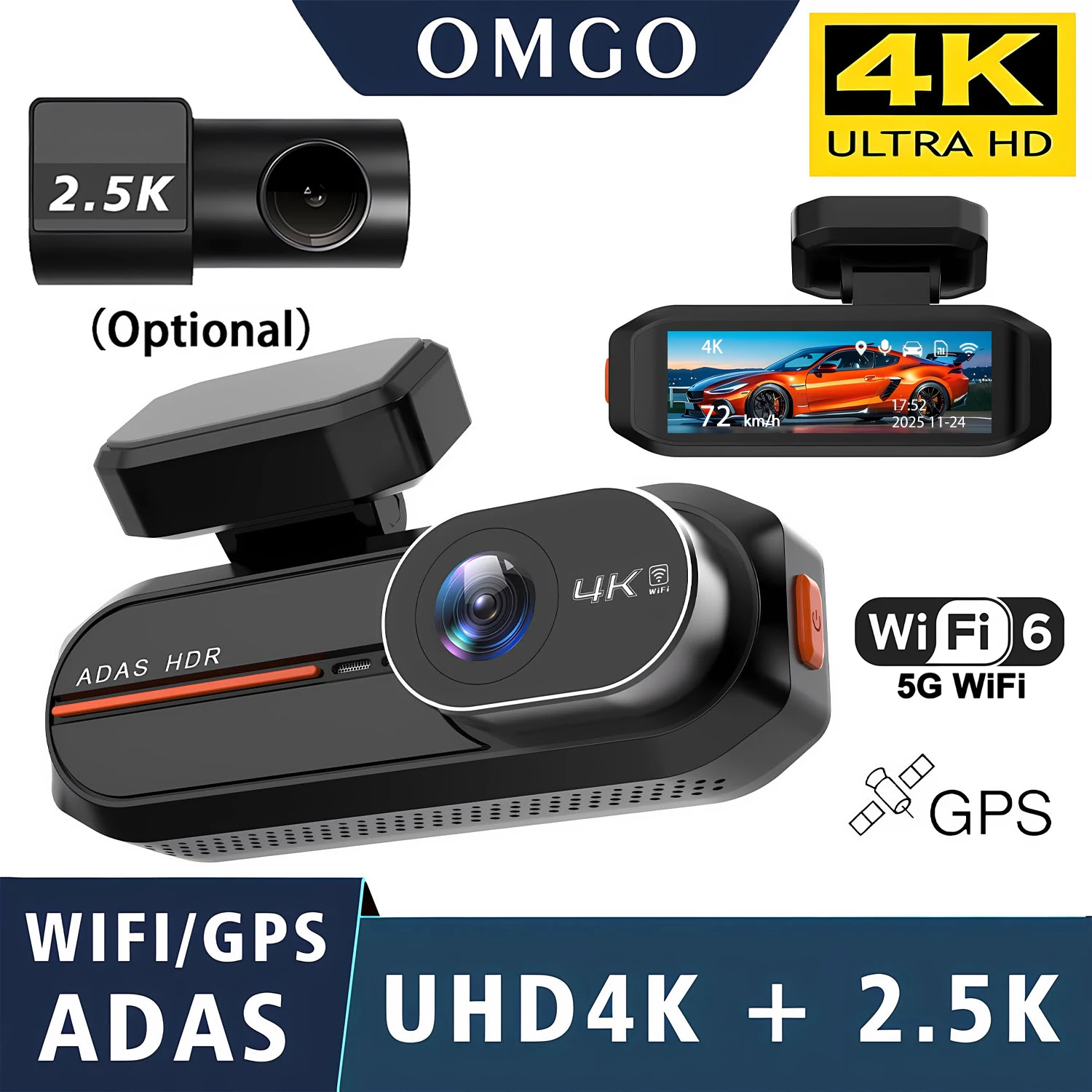 4K+2.5K ADAS Dashcam mit GPS, 5G WiFi, 24-Stunden-Nachtsicht, Mini-Dual-Objektiv-Auto-DVR-Videorekorder, Black Box für Fahrzeuge