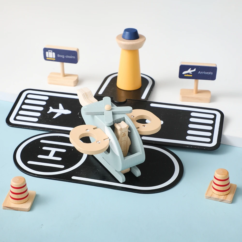 لعبة طائرة مكعبات بناء خشبية محاكاة لوحة هبوط طائرات الهليكوبتر مشهد لعبة تعليم ذكاء الأطفال لعبة تفاعلية للأطفال