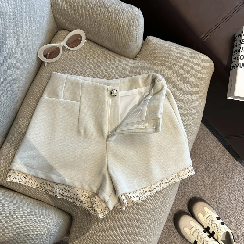 النساء الحلو الدانتيل السراويل الخريف الشتاء عالية الخصر شيك زر عارضة السراويل الإناث المرقعة الصلبة بسيطة مكتب سيدة ضئيلة السراويل