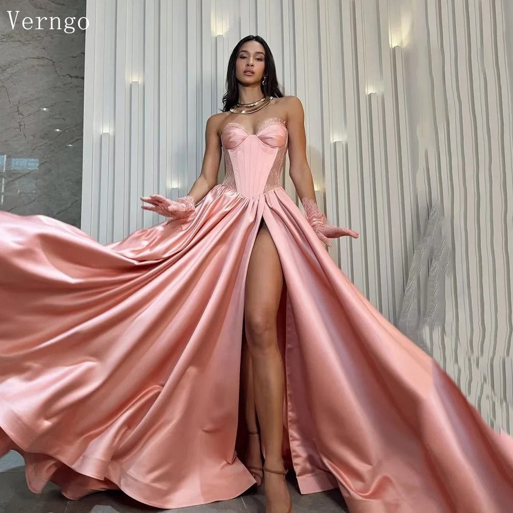 

Verngo Pink Satin Evening Dress Sweetheart Bone Lace Prom Gown A Line Elegant Sweap Train Prom Party Dress Customized