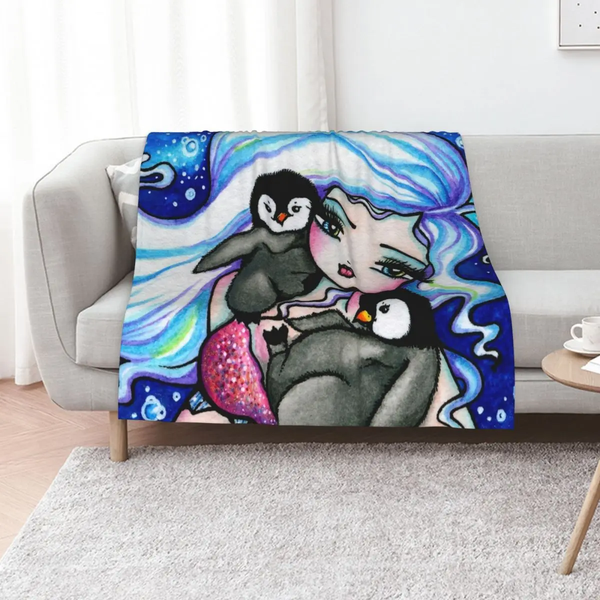 

Frosty Mermaid with Baby Penguin Friends Whimsical Fantasy Art Throw Blanket Picnic Winter beds For Sofa Thin Blankets