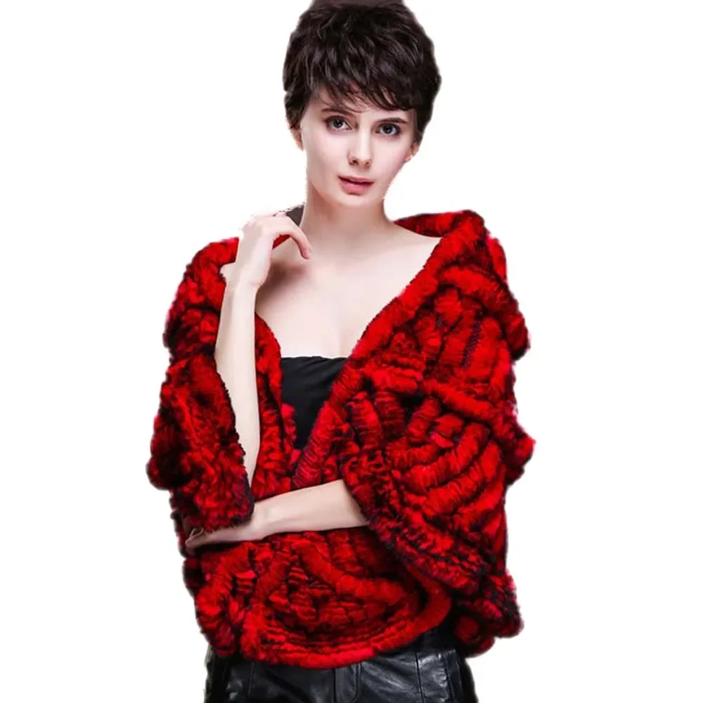 Real Rex Rabbit Fur Cape Coat Women Winter Warm Shawl Wraps With Pocket Three Layers For Wedding Party Hollow out woven pattern