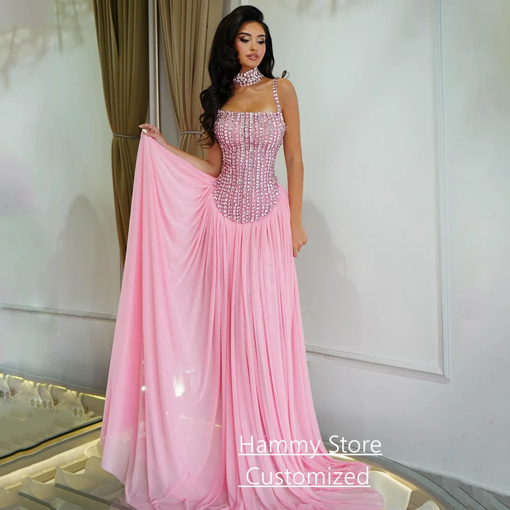 Sexy Kristall-Abendkleid, maßgeschneiderte Spaghettiträger, durchsichtig, Sweep-Zug, Chiffon, Festzug, Partykleid, Ballkleider