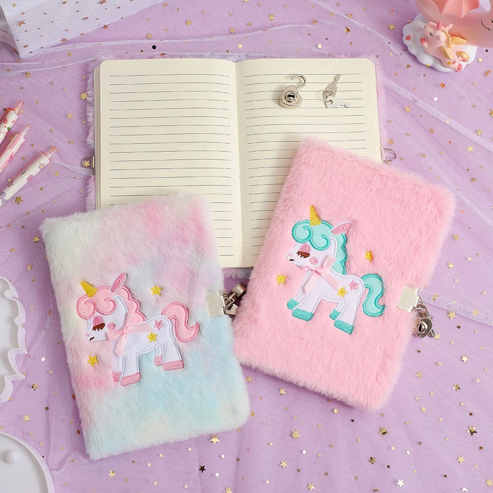 Children\'s Plush Unicorn Cartoon Notebook Lockable Diary Book Hand Ledger Notepad Students Gift Stationery Supplies