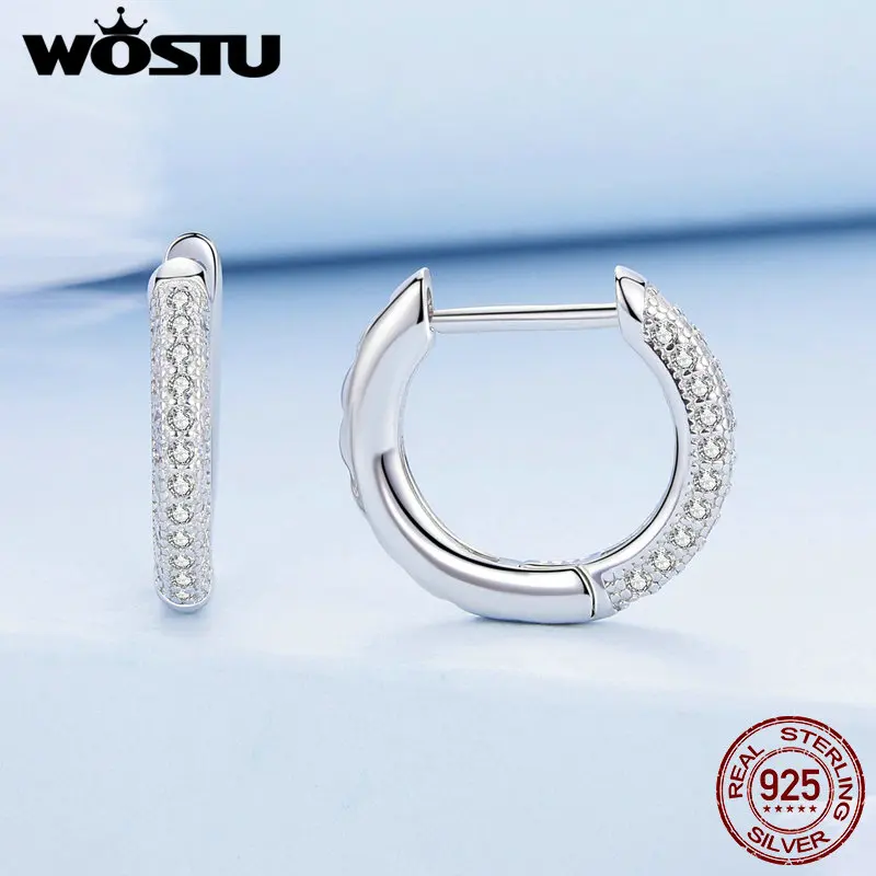 WOSTU Sterling Silver European Simple CZ Ear Buckles Heart Hoop Earrings for Women Wedding Gift Minimalism Jewelry