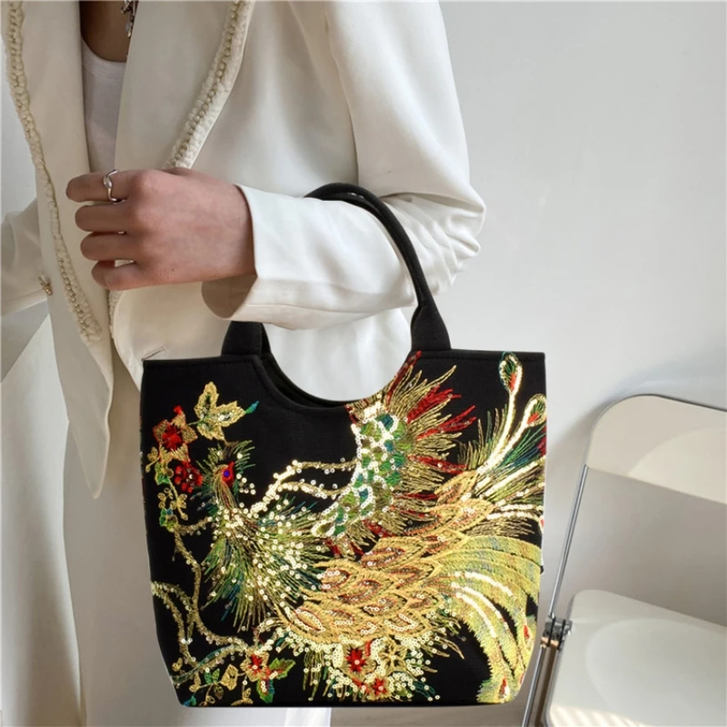 Women Shoulder Bag Handmade Shiny Peacock Embroidered Bohemia Handbag Retro Large Capacity Canvas Tote Shopping Messenger Purse