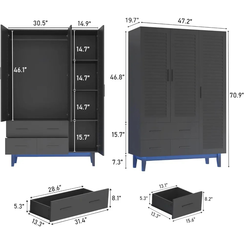 3 Door Armoire Wardrobe Closet Cabinet with Drawers and LED Lights, Multi-Tier Shelves, Hanging Rod & 3 Louver Doors