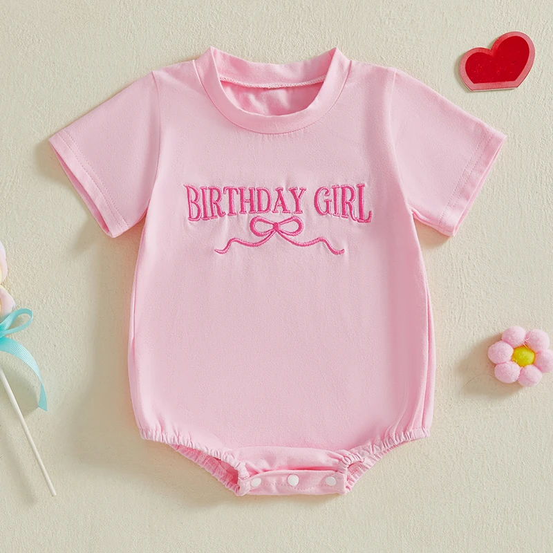 

Baby Girls Rompers Birthday Clothes Bow Letter Embroidered Short Sleeve Infant Jumpsuits Bodysuits