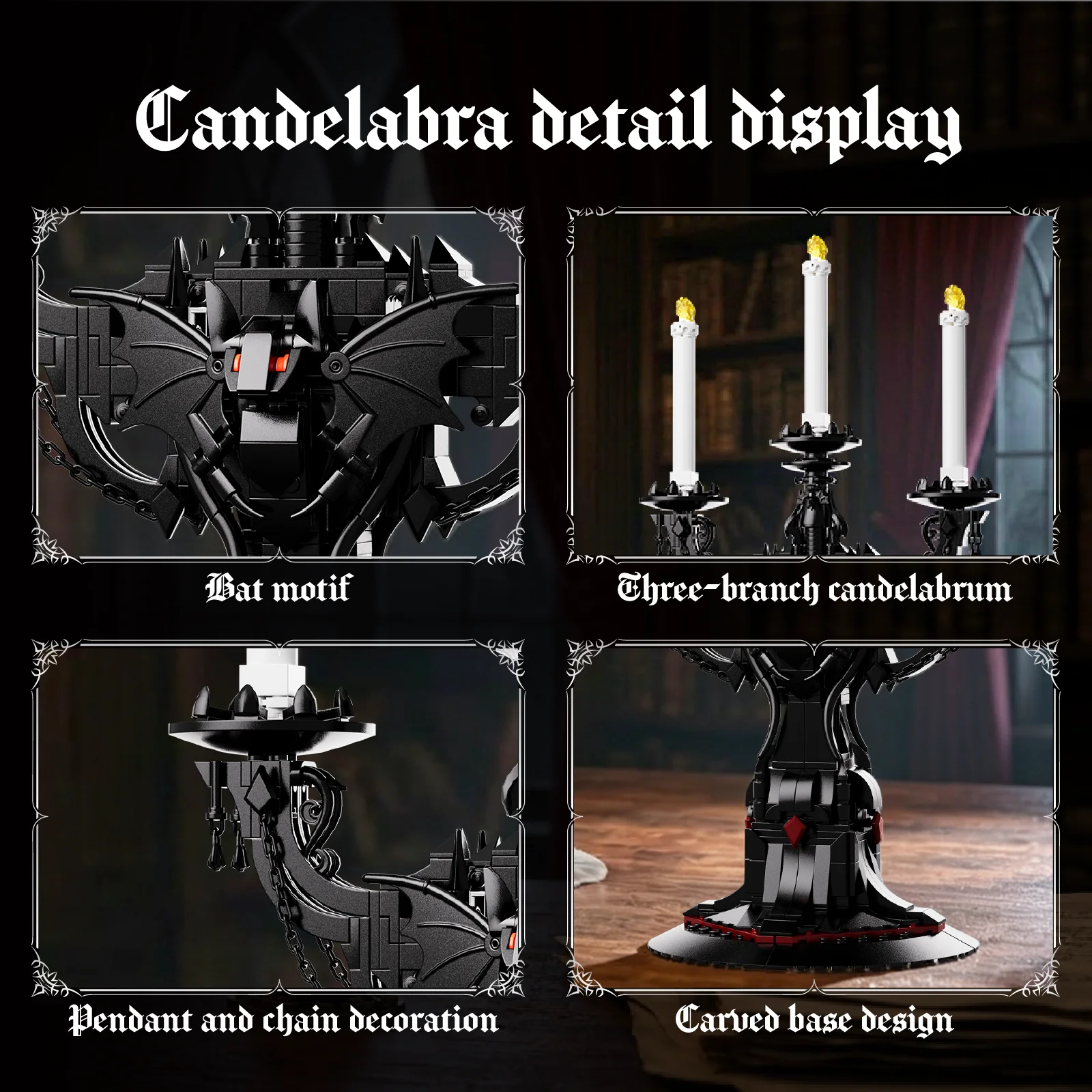 Gothic Batwing Candelabra Building Blocks Kit Simulation Candle Holder Ornament Dark Decor Bricks For Christmas Halloween Gifts view 5
