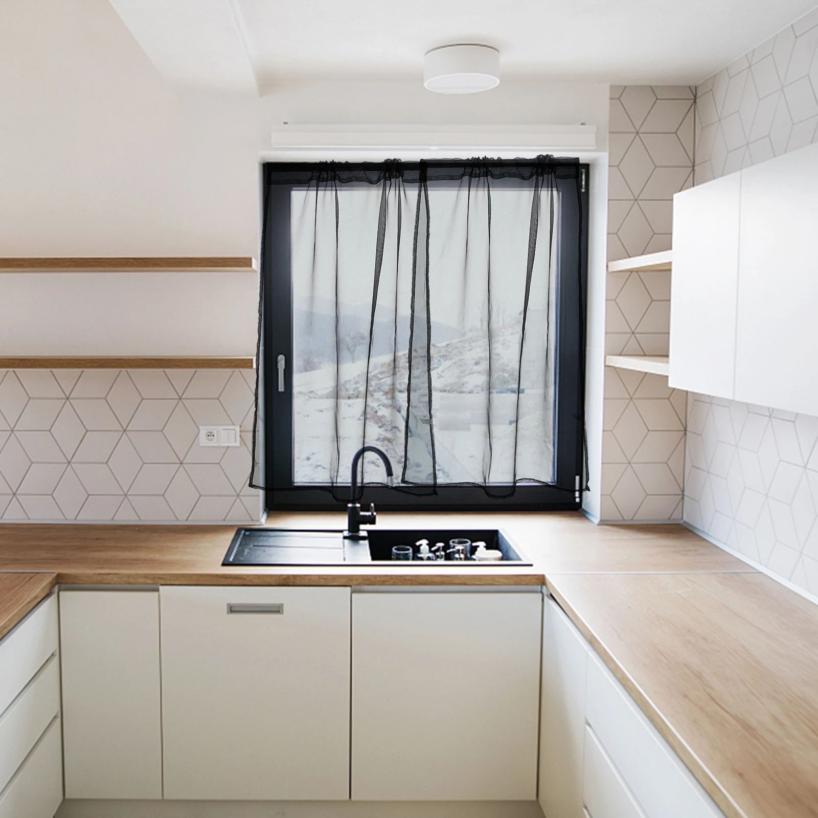 2 قطعة ستارة شفافة قصيرة سوداء نافذة الفوال تول الخصوصية ضوء تصفية غرفة نوم غرفة المعيشة الستائر شير الستار