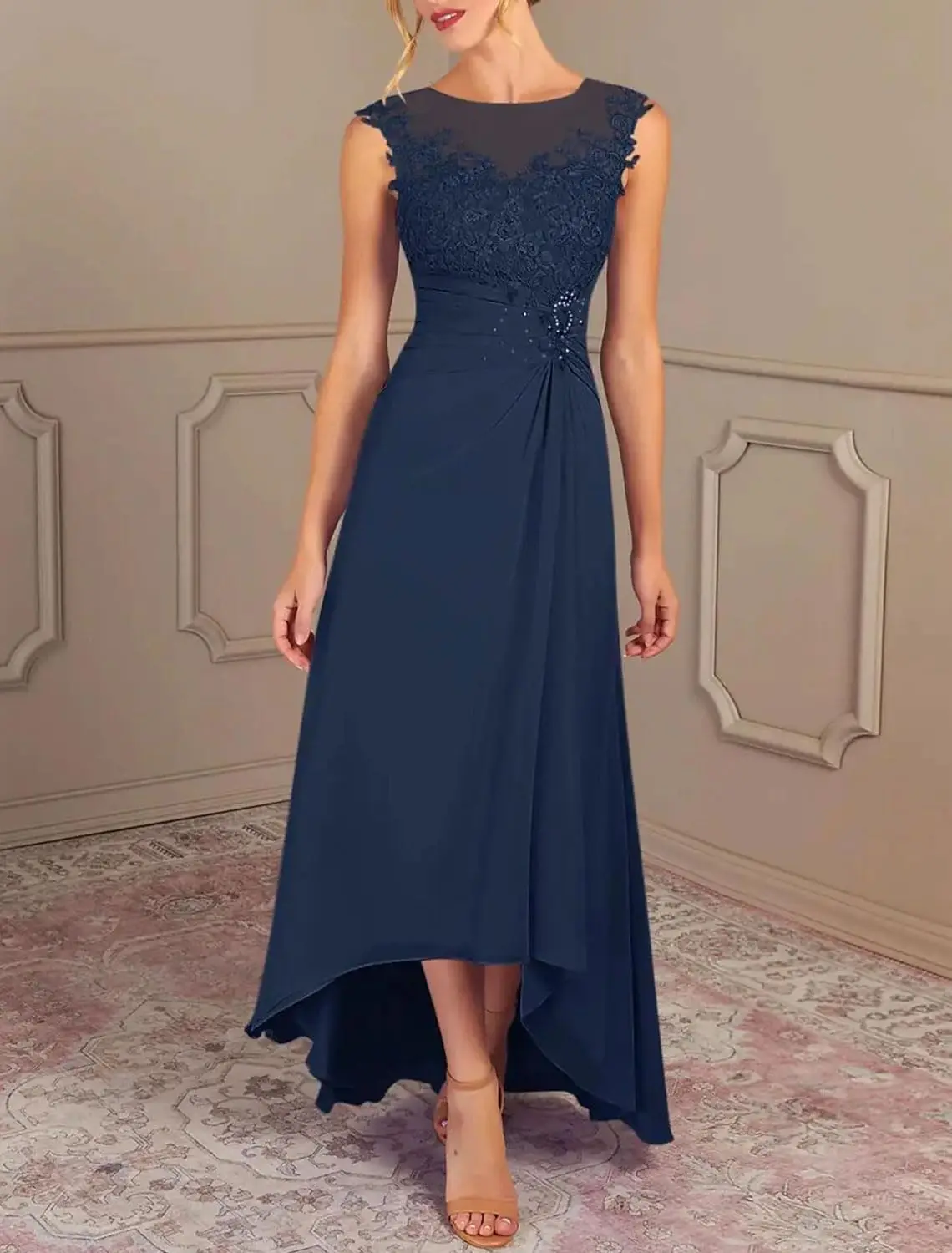 

A Line Elegant Asymmetrical Wedding Guest Dress Formal Dress Chiffon Sleeveless Jewel Neck with Sequin Ruching