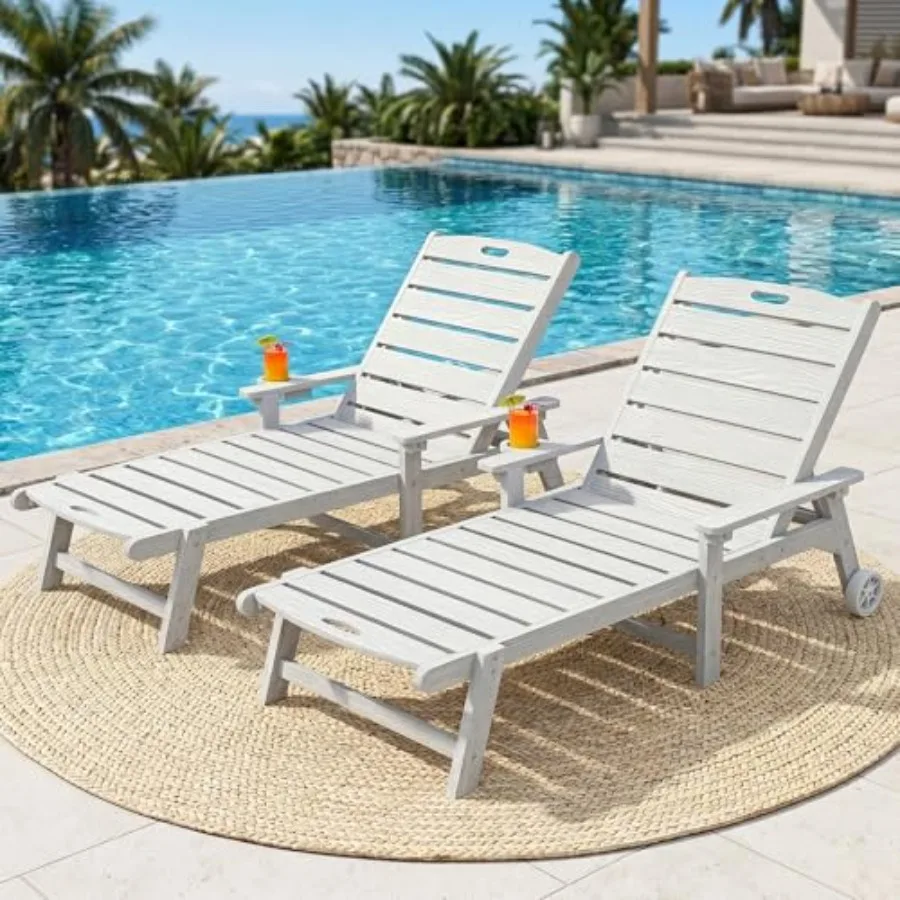 Outdoor lounge chair set of 2: HDPE white tanning chairs with 5-position adjustability, cup holders, and wheels for easy mobili