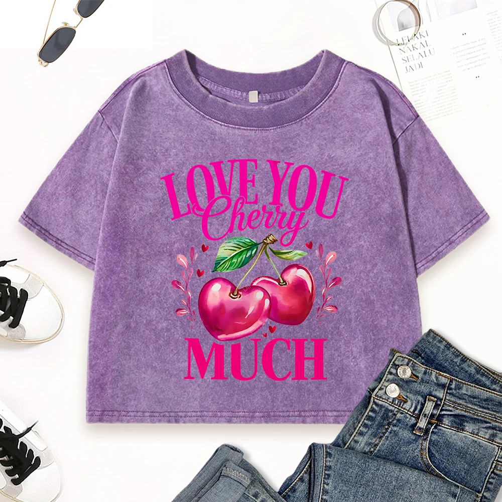 

Love You Cherry Much Print Women Washed T-Shirt Hip Hop Multicolor T Shirts Slim Y2K Crewneck Top Summer Cotton Crop Streetwear