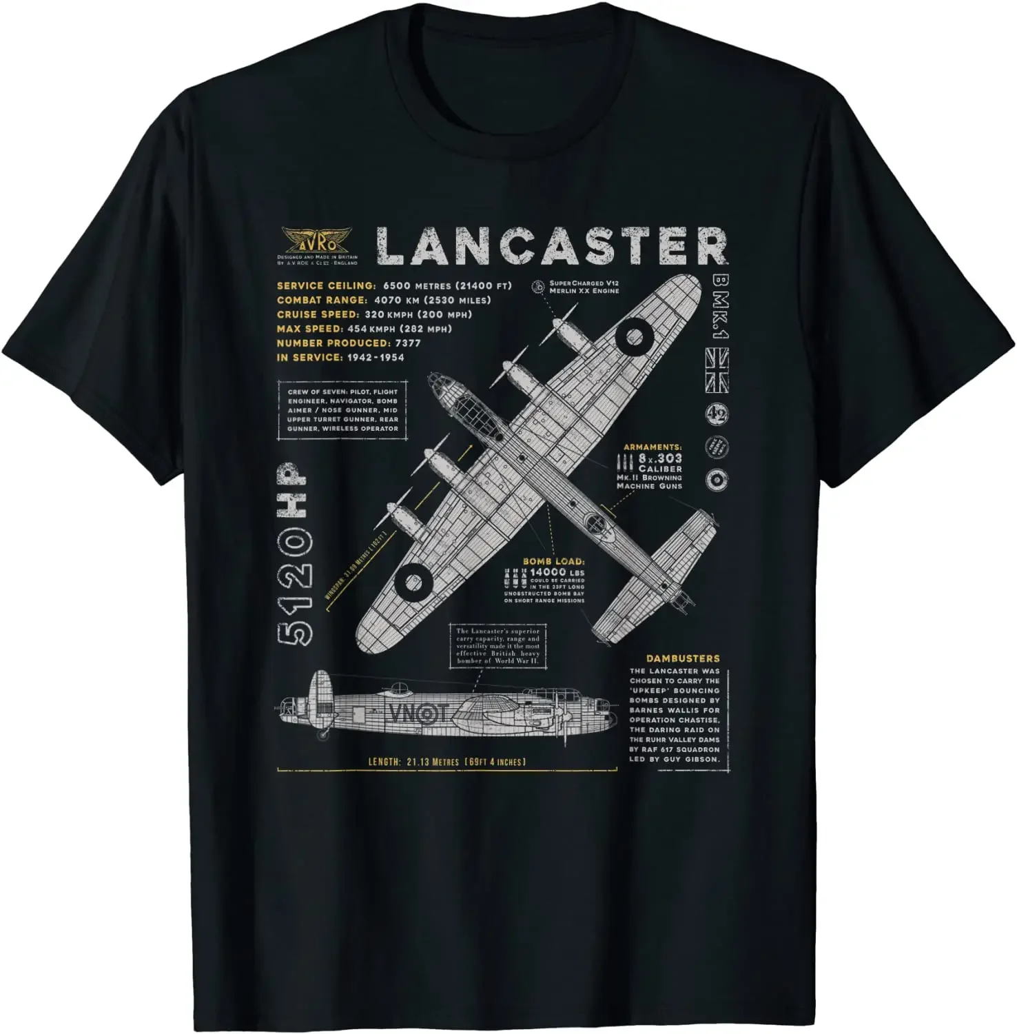 WWII RAF British Lancaster Bomber blueprint T-Shirt 100% Cotton O-Neck Summer Short Sleeve Casual Mens T-shirt Size S-3XL