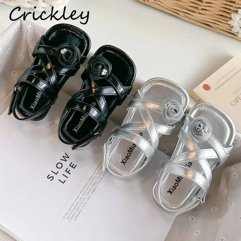 

Flowers Solid PU Girls Sandals Summer Cross Strap Hook Loop Kids Gladiator Sandals Soft Non Slip Children Princess Beach Shoes