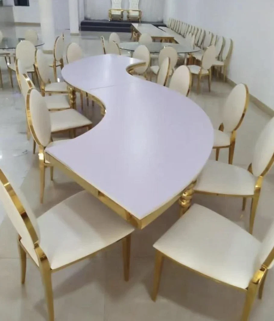 Stainless steel gold half moon party hotel wedding MDF table L-shaped table wedding table