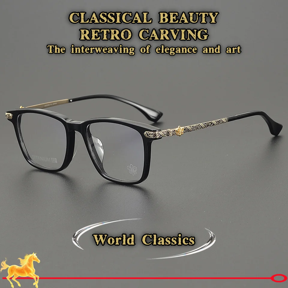 Fashionable and Popular Titanium Alloy Retro Carving Design Men's Glasses Frame Casual Optics Prescription Women Acetate Glasses
