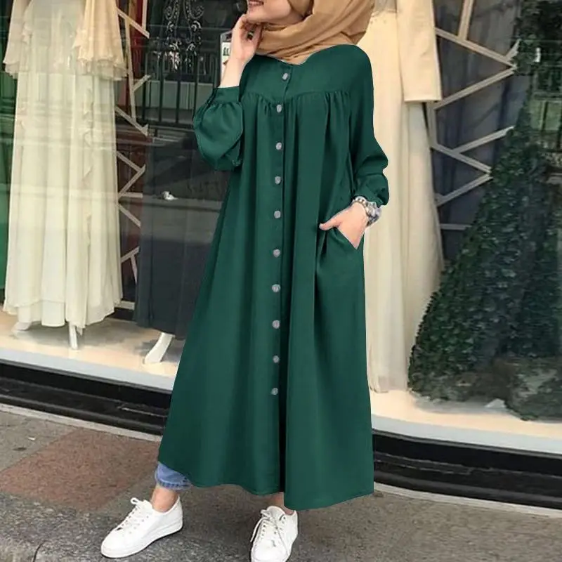 Women\'s Muslim Abaya Robe Abaya Modest Long Sleeve Round Neck Single Breasted Dresses Kaftan Ramadan Casual Loose Long Dress