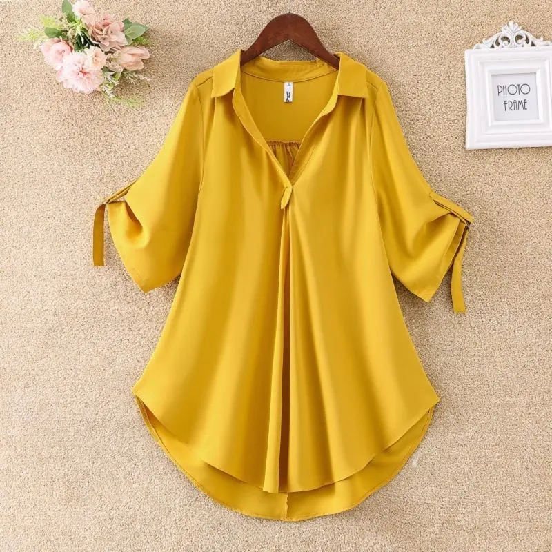 2025 Summer Women's Plus Size Flowy Midi-Length Chiffon Shirt - Loose Fit Waist-Defining Tunic Top