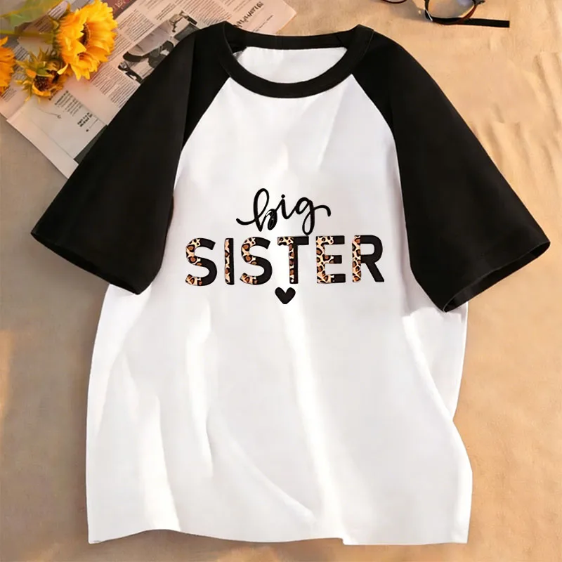 Fashion Big Sister Leopard Print T Shirts Short Sleeve Kids Children's T-shirt Girls Summer Spring Casual Top Tee Shirt