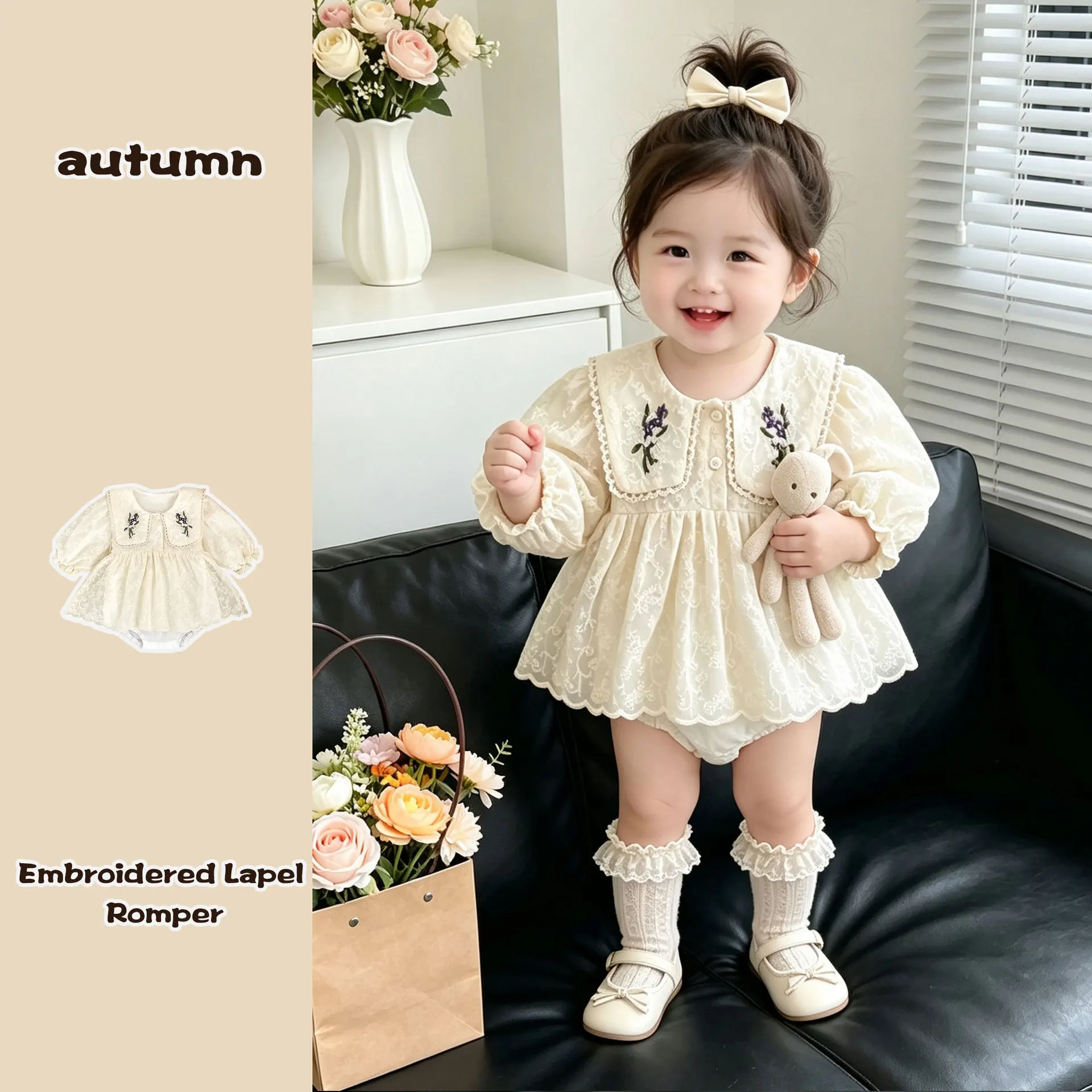 2026 Baby Girl Autumn Outfit Jumpsuit Embroidered Lapel Bag Fart Jacket Western Style Baby's First Year Princess Romper Skirt
